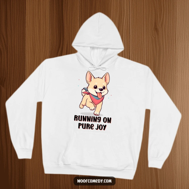 Funny kawaii dog wearing a bandana, happily running with its tongue out, featured on a warm and humorous hoodie.