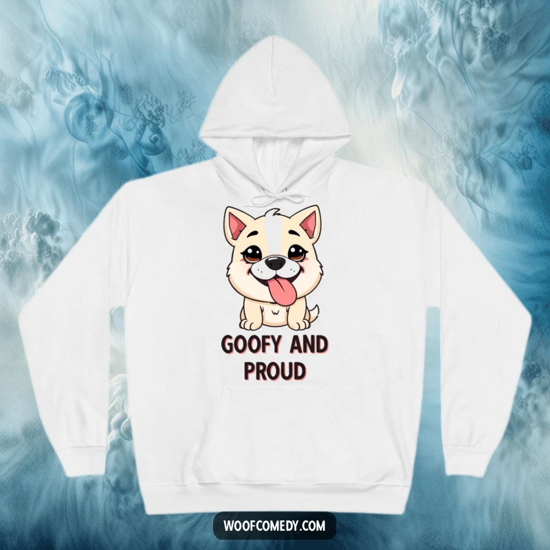Funny Kawaii dog hoodie featuring a cute dog with a goofy expression, panting with its tongue sticking out. Cozy, humorous, and adorable.