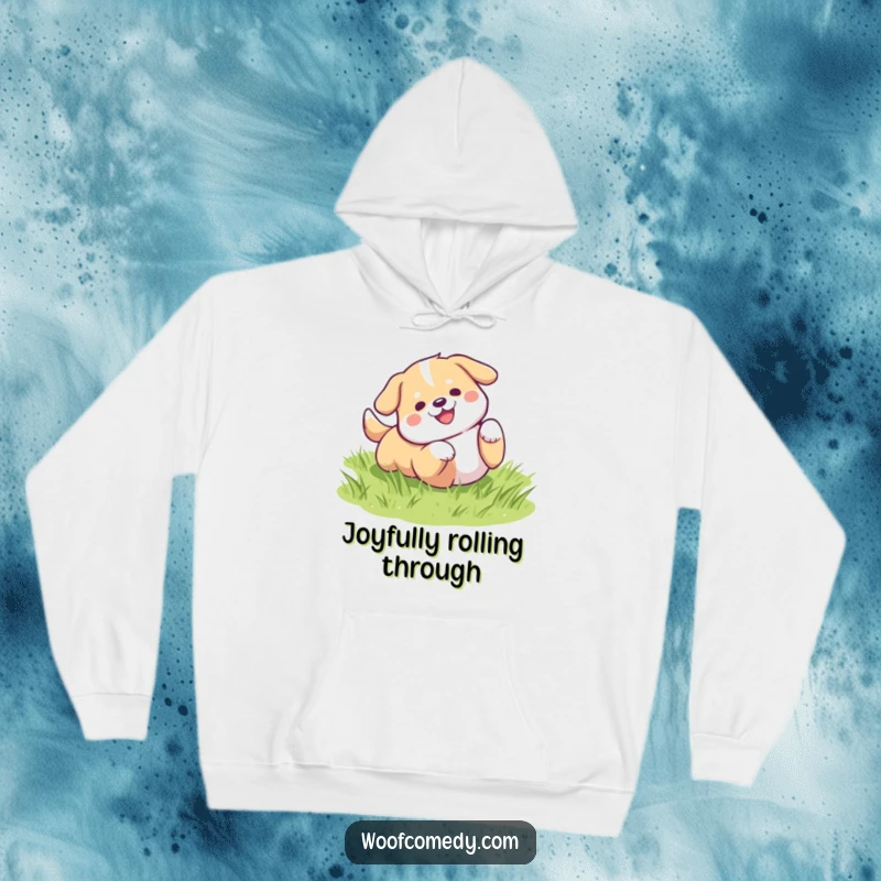 Funny kawaii dog rolling on green grass hoodie, cozy and hilariously cute gift.