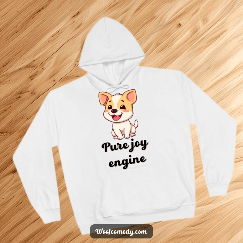 Funny dog wagging tail hoodie showing a cheerful dog with a vigorously wagging tail, radiating happiness and offering cozy comfort.