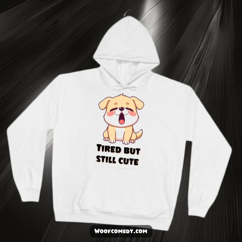 Funny sleepy dog hoodie showcasing a dog yawning widely with its eyes half-closed, perfect for staying warm and expressing your tired state.