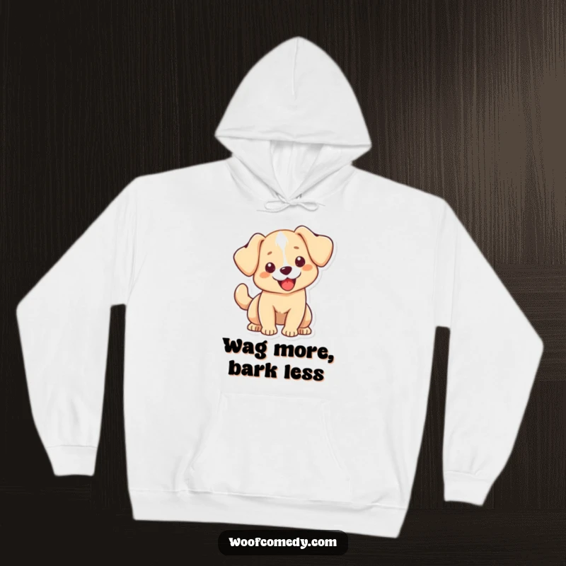 Funny Kawaii dog hoodie featuring a cute dog with floppy ears, its tail wagging exuberantly, offering cozy warmth and adorable charm. Huggable design.