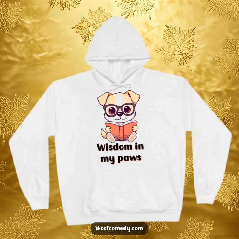 Funny hoodie depicting a kawaii dog wearing small glasses, deeply focused on reading a big book, a scholarly and cozy design.