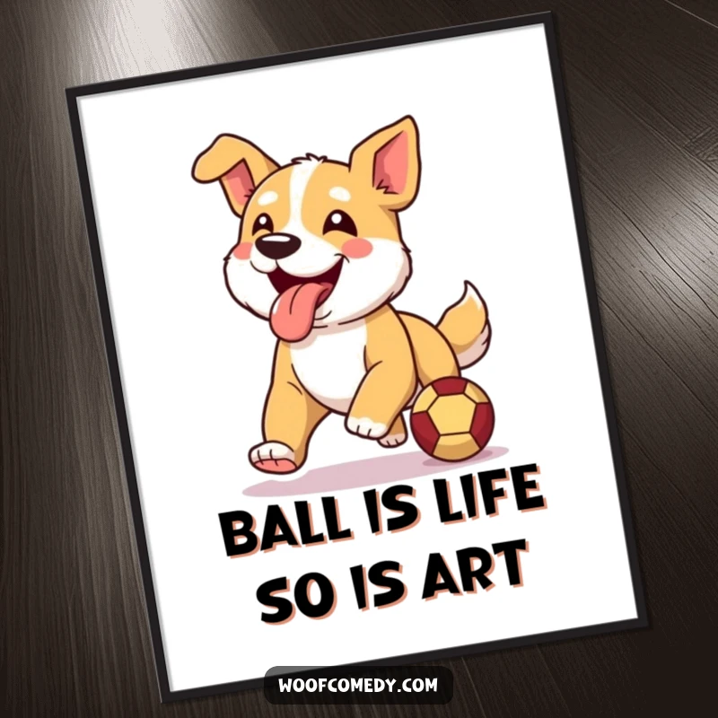 Funny Free Printable Wall Art of a happy dog mid-run, tongue hanging out, intensely focused on a bouncing ball.