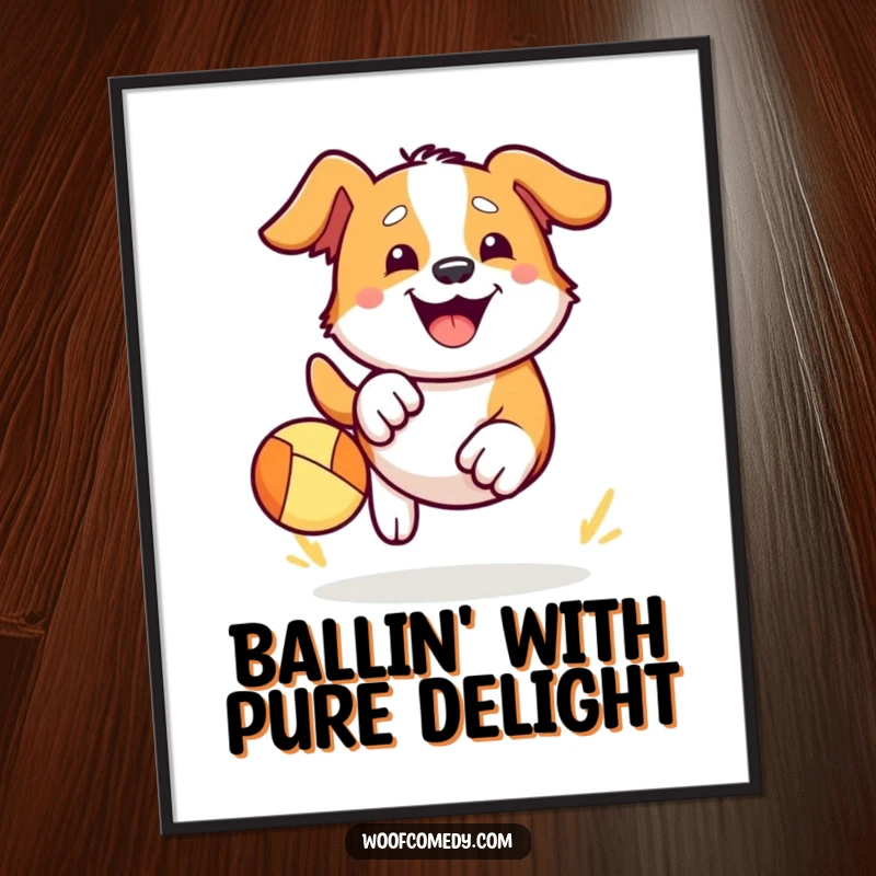 Funny free printable wall art depicting a kawaii dog with a huge grin, enthusiastically chasing a bouncy ball.