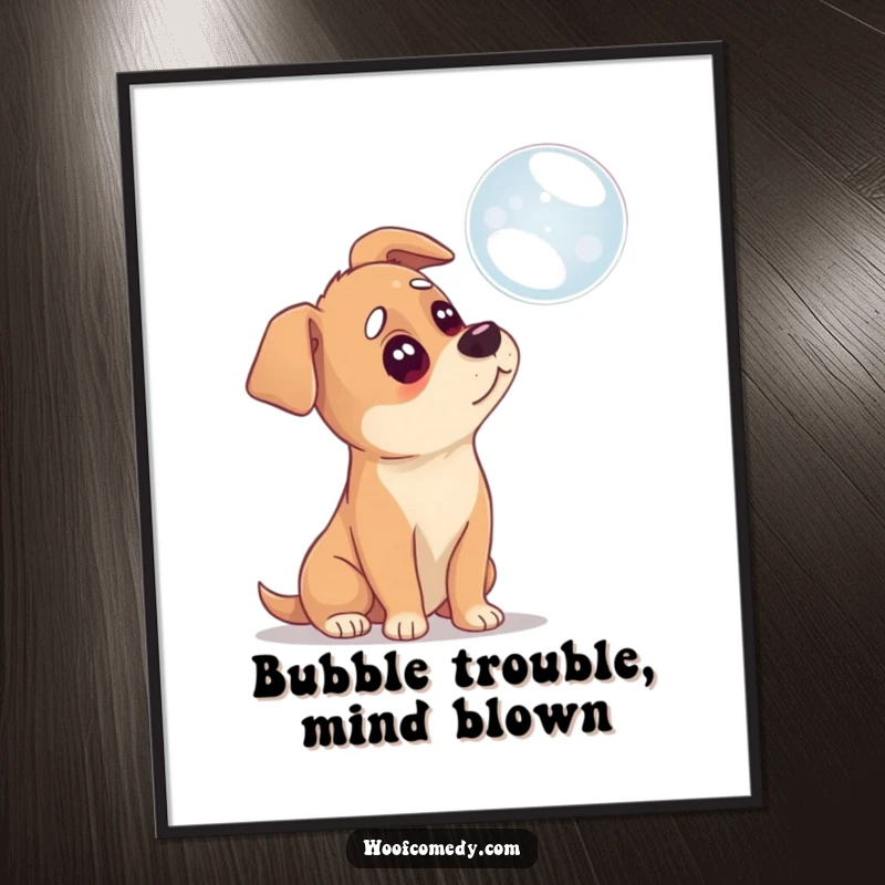 Funny Free Printable Wall Art: Confused dog tilting head at a mysterious floating bubble, a whimsical downloadable art piece.