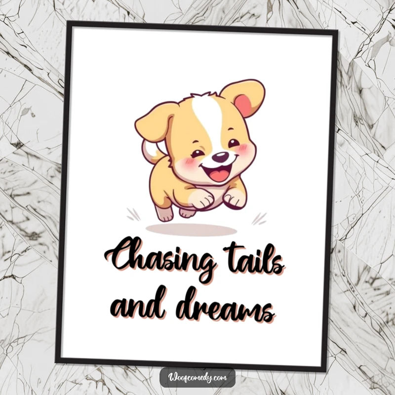 Funny Free Printable Wall Art depicting a comical dog spinning in circles, chasing its own tail with giddy abandon.