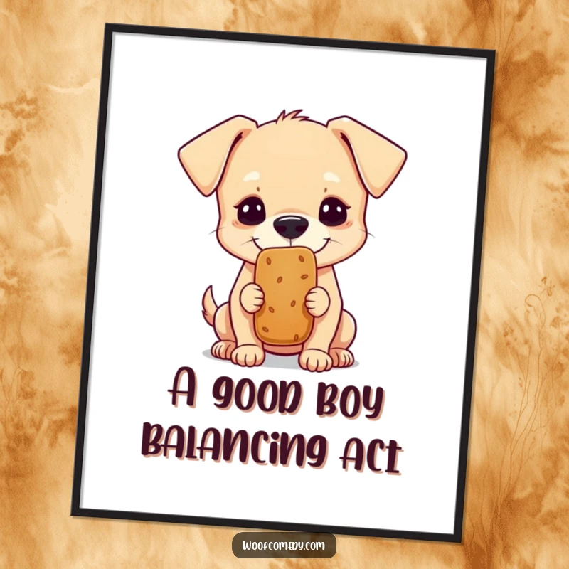 Funny Free Printable Wall Art of a dog with intense focus, balancing a treat on its nose, ready to catch.