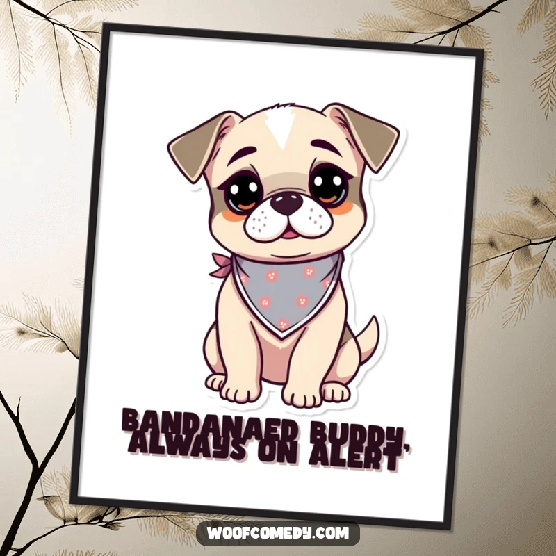 Funny Free Printable Wall Art of a cute kawaii dog wearing a bandana, looking curious and alert with an inquisitive expression.