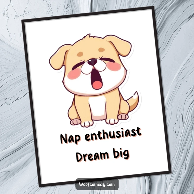 Funny Free Printable Wall Art: Sleepy dog yawning widely, eyes half-closed, cozy canine decor, digital download.