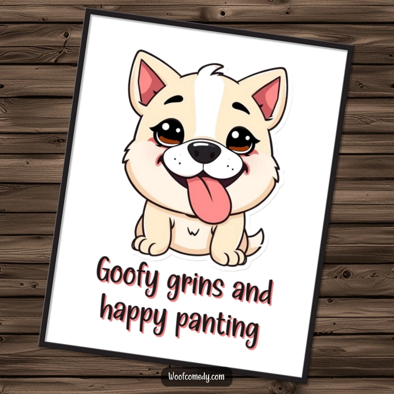 Funny free printable wall art of a kawaii dog with a goofy expression, panting with its tongue out, looking utterly delighted.
