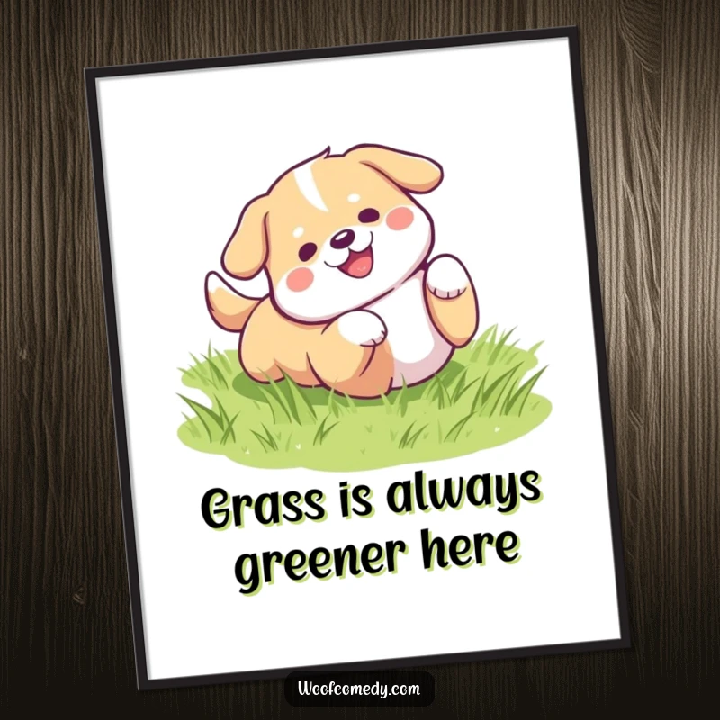 Funny Free Printable Wall Art of a charming kawaii dog rolling joyfully across lush green grass, radiating happiness.