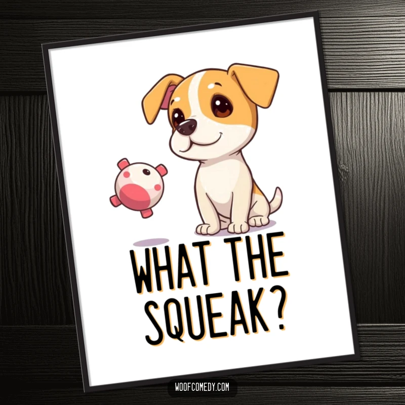 Funny Free Printable Curious Dog Wall Art: Dog tilting head, eyes fixed on a floating squeaky toy, charming decor.