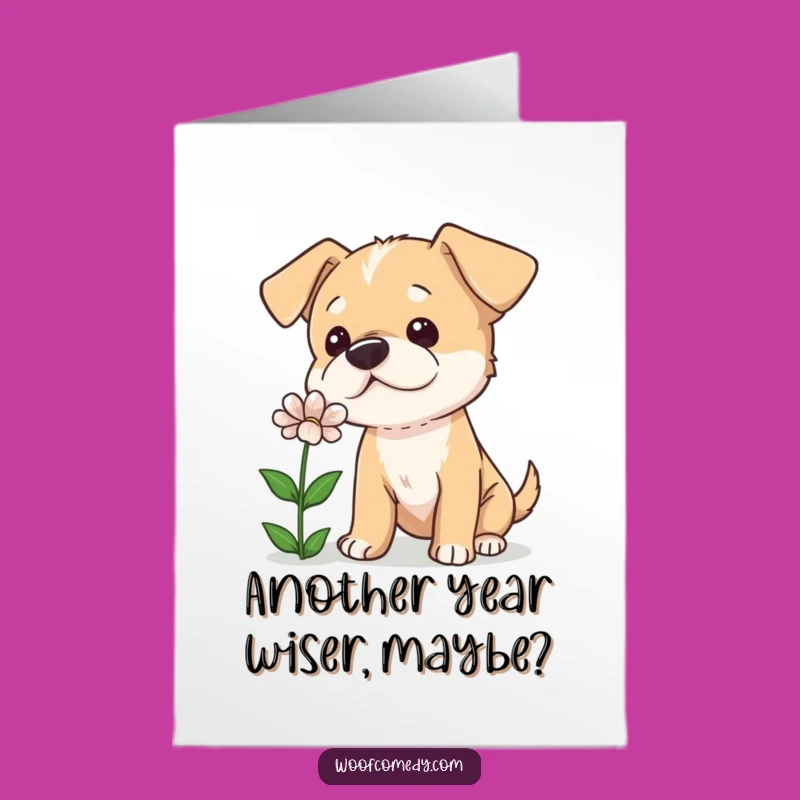 Free Printable Birthday Card: Curious Dog Sniffs Flowers, Funny Downloadable Greeting for Her!