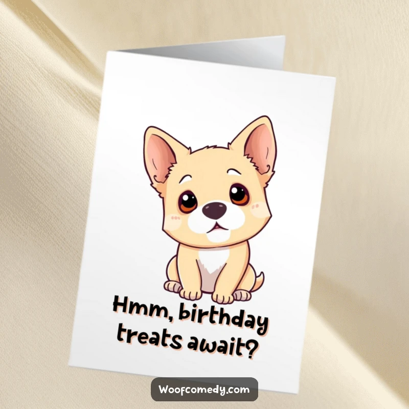 Funny Free Printable Birthday Card: A dog tilting its head curiously, ears perked, wondering about the birthday surprise.