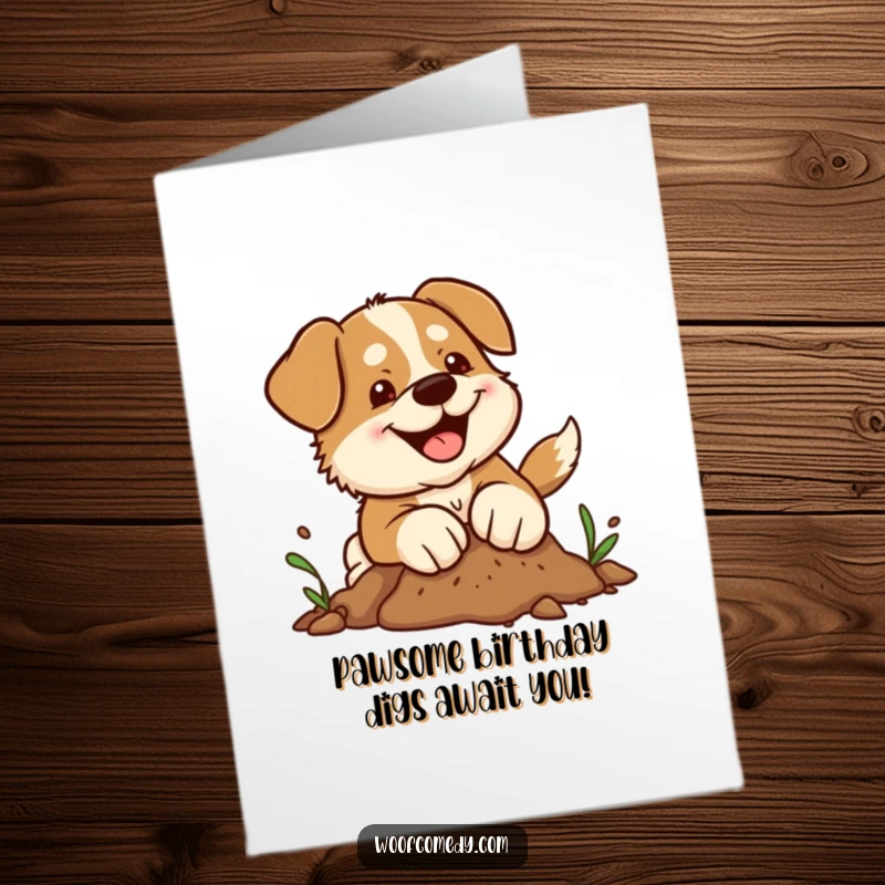 Funny Free Printable Birthday Card featuring a cute kawaii dog digging with determined paws, finding joy in the dirt.