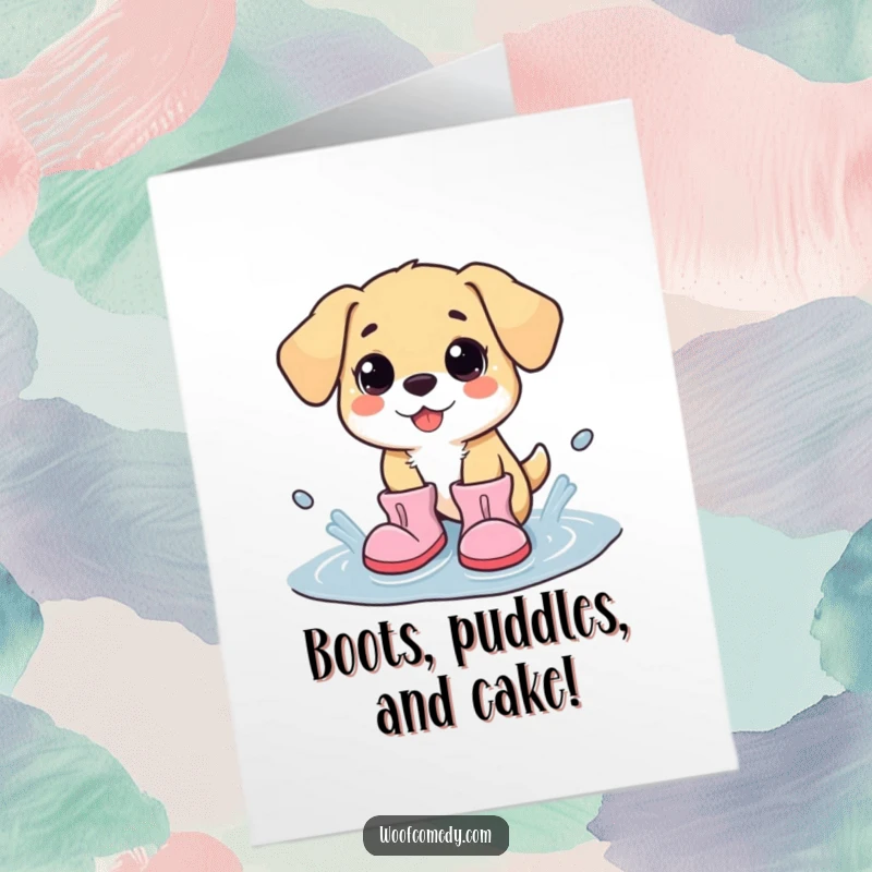 Funny Free Printable Birthday Card: Kawaii dog in oversized boots joyfully splashing in a puddle, spreading cheer.