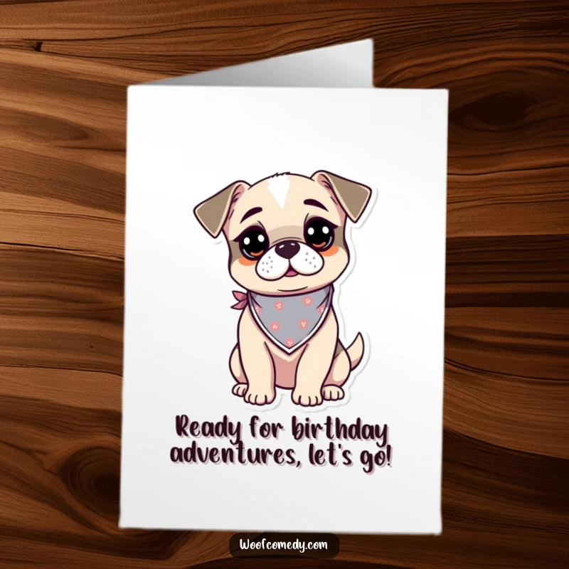 Free Printable Birthday Card featuring a curious kawaii dog wearing a tiny bandana, looking alert and ready for celebration.