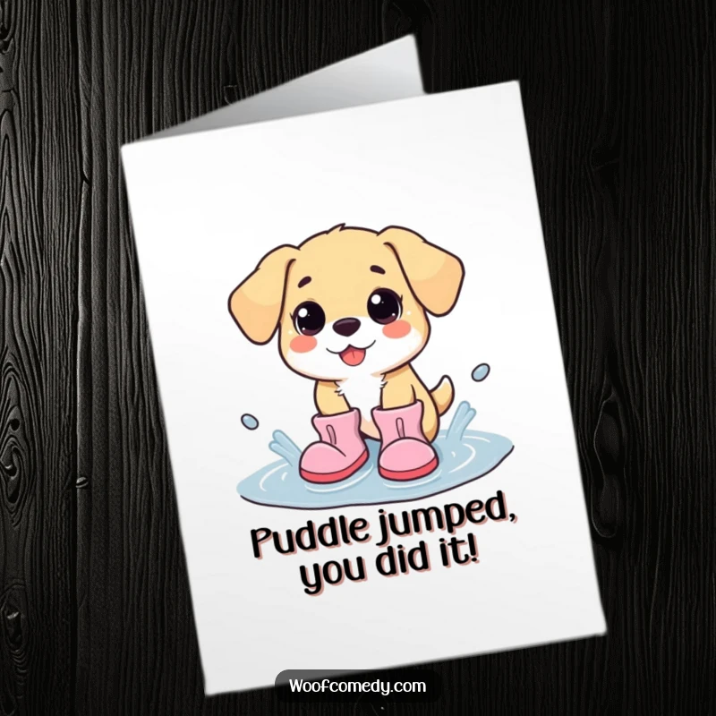 Funny Free Printable Congratulations Card: Kawaii dog in oversized boots celebrates by splashing in a puddle.