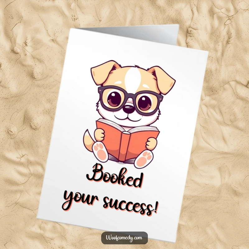 Funny Free Printable Congratulations Card with a kawaii dog sporting glasses, intently reading, signifying wisdom and success.