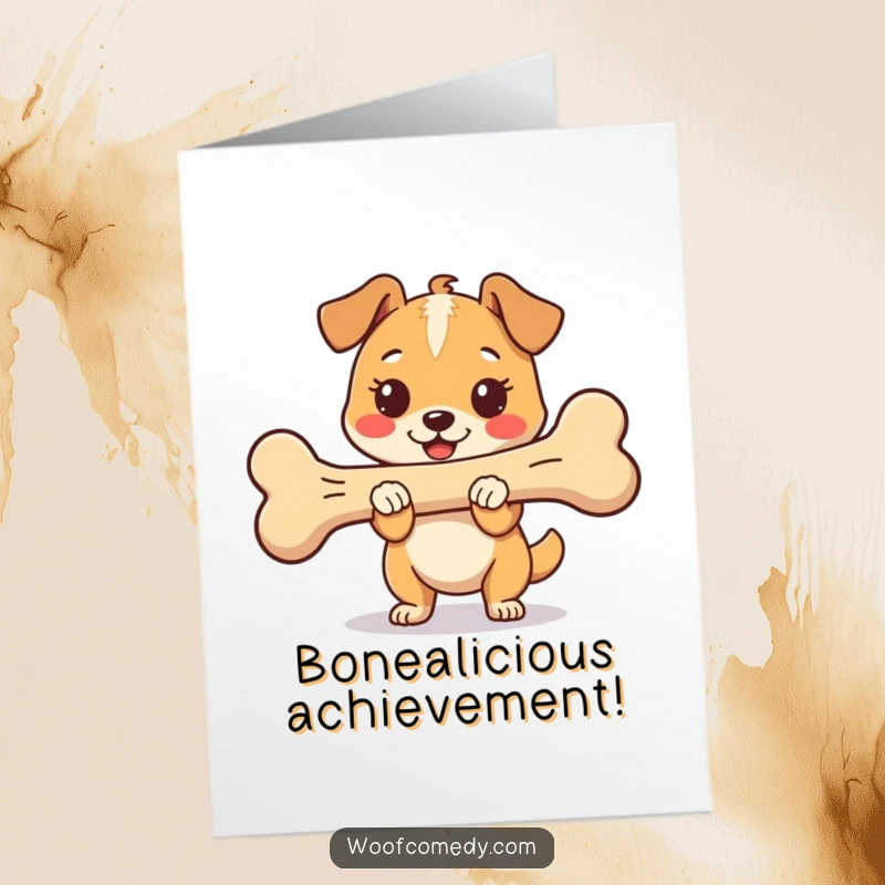 Funny Free Printable Congratulations Card with a proud and happy kawaii dog holding a huge bone, celebrating their amazing accomplishment.