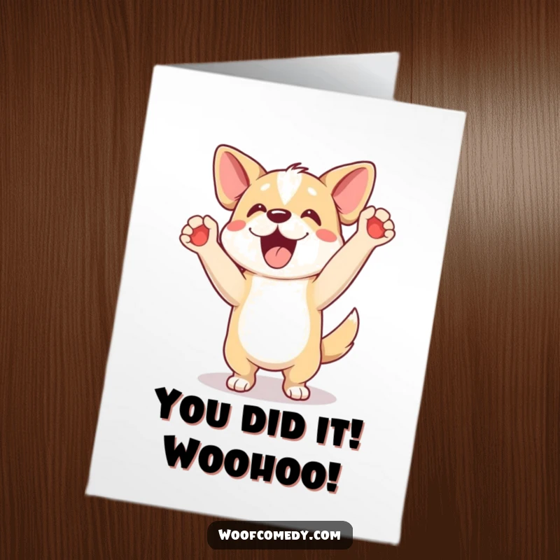 Funny Free Printable Congratulations Card featuring an excited dog performing a joyful happy dance with paws in the air.