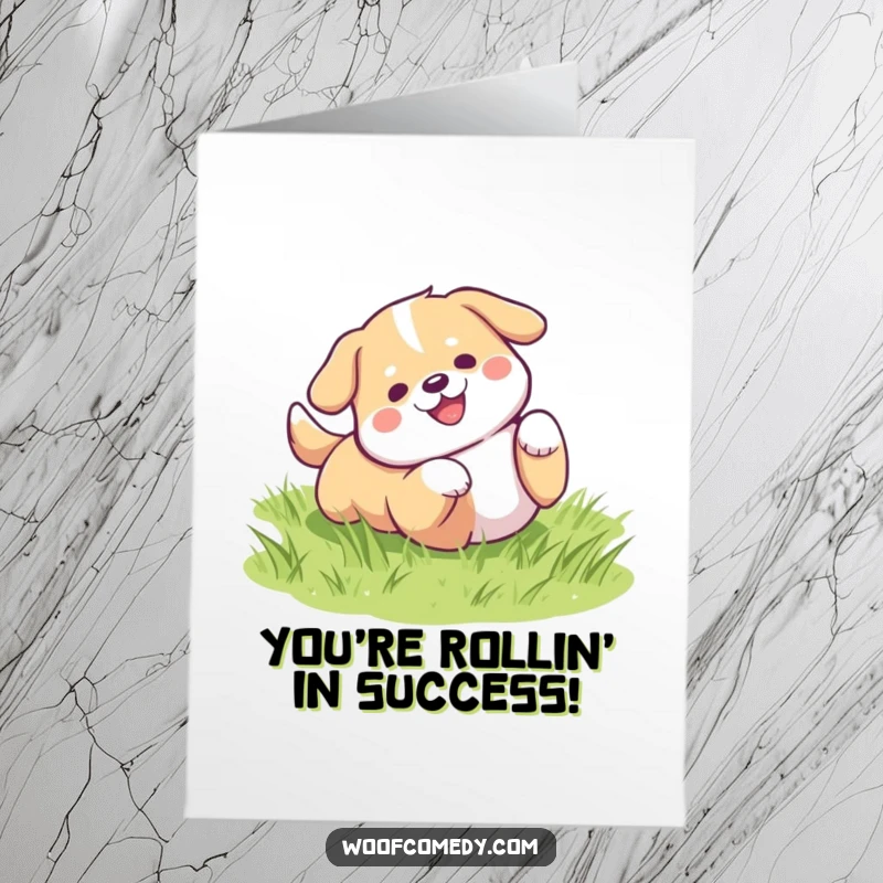 Funny Free Printable Congratulations Card featuring an utterly adorable kawaii dog joyfully rolling on soft green grass.