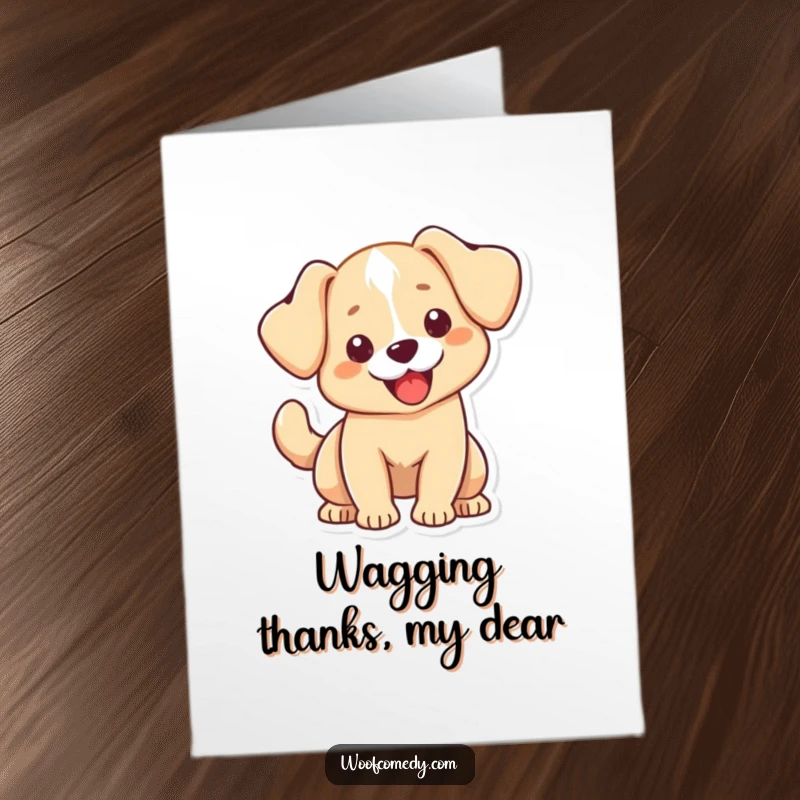 Funny free printable thank you card of a kawaii dog with floppy ears, wagging its tail with over-the-top happiness.