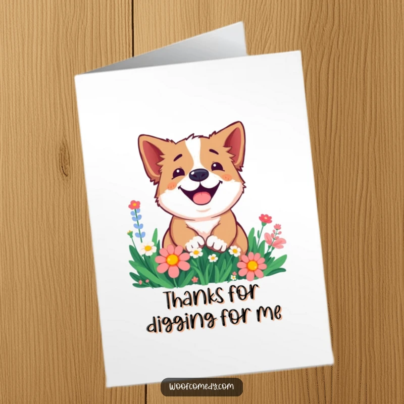 Funny free printable thank you card of a smiling dog enthusiastically digging in a bed of flowers.