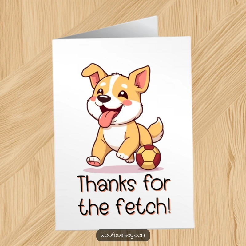Funny Free Printable Thank You Card: A happy, panting dog in mid-stride, tongue lolling, chasing a ball.
