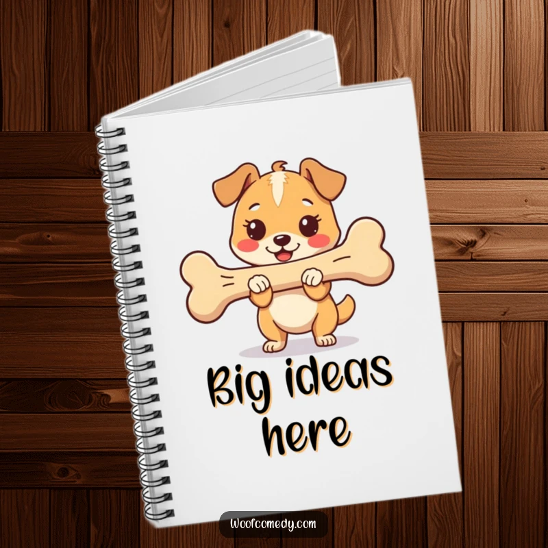 Funny Kawaii Dog Notebook with a proud and happy dog holding an oversized bone, perfect for journaling proud moments, a great gift.