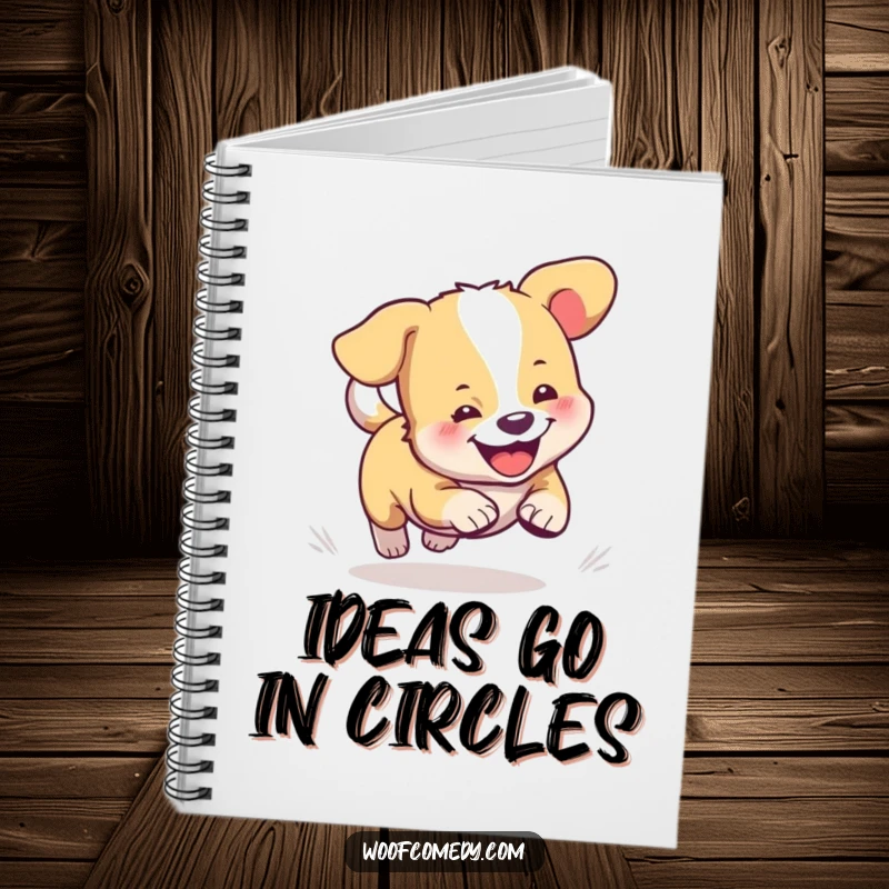 Funny notebook with an amusing illustration of a dog energetically chasing its tail, perfect for jotting down ideas.
