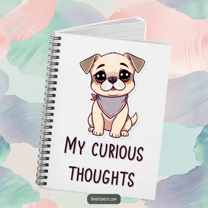 Funny kawaii dog notebook featuring a curious and alert pup wearing a tiny bandana, perfect for notes and humor.