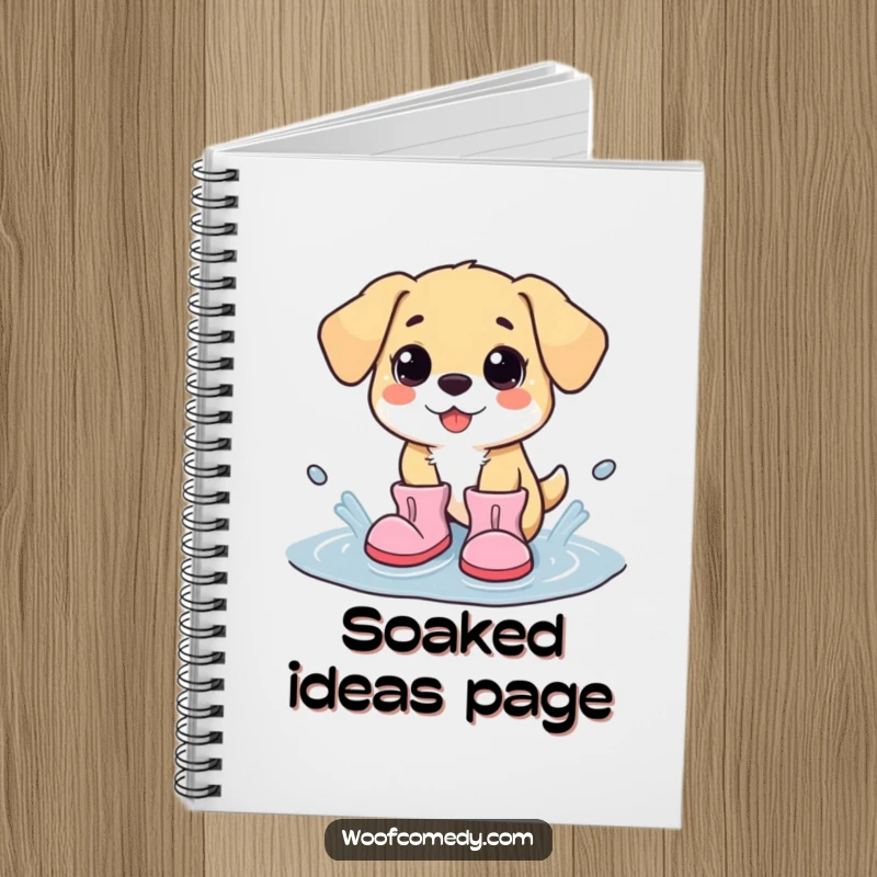 Funny kawaii dog wearing big boots, splashing in a puddle, ideal for notes and journaling, a truly charming design.