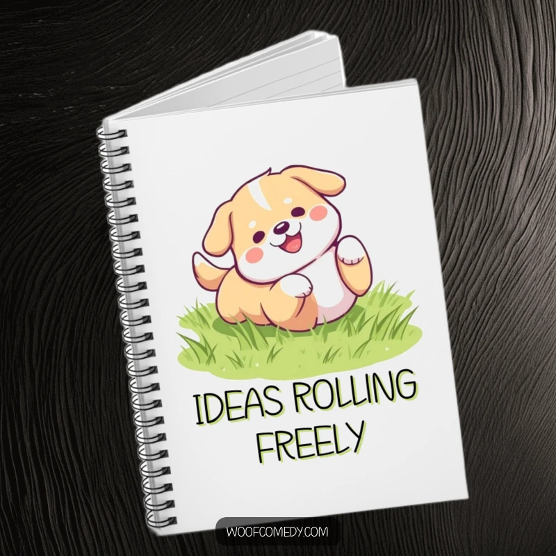 Funny kawaii dog rolling on green grass notebook, a cute and humorous journaling gift.