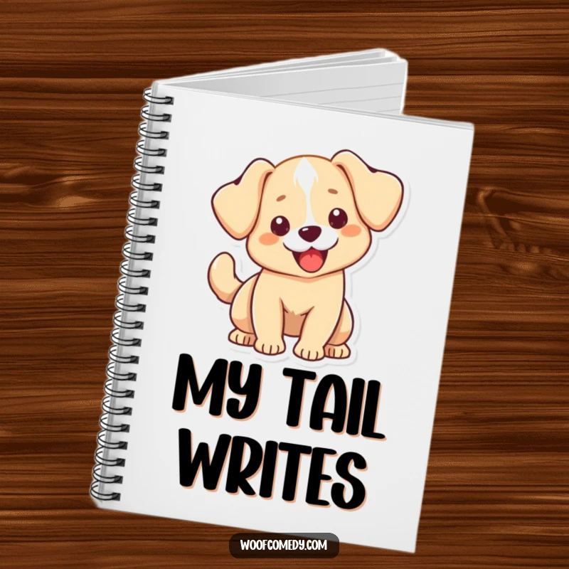 Funny Kawaii dog notebook with a cute dog featuring floppy ears and an exuberantly wagging tail, perfect for note-taking and journaling with a smile.