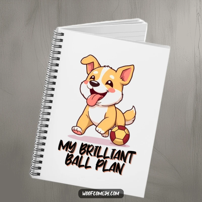 Funny notebook featuring a happy dog running with its tongue out, eagerly chasing a ball for inspiration.