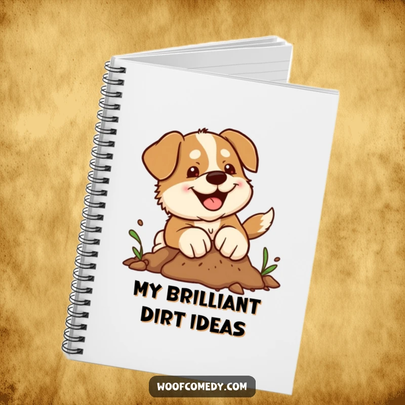 Funny kawaii dog notebook featuring a cute pup with determined paws joyfully digging in dirt, perfect for notes and humor.