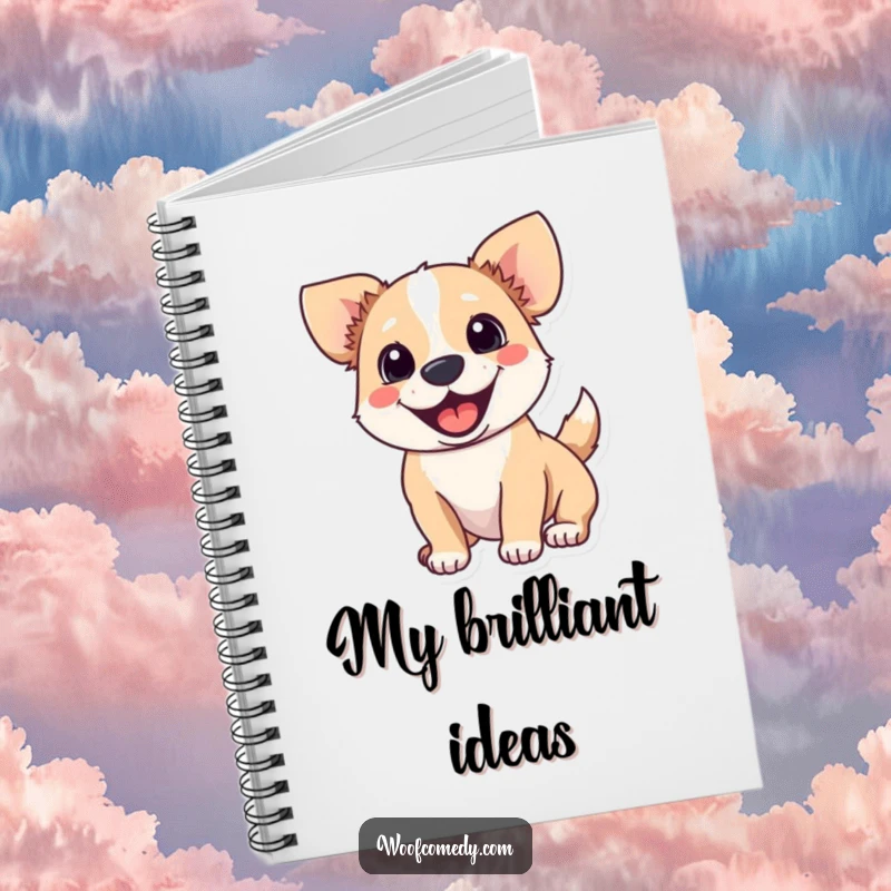 Funny notebook cover illustration of an excited dog with a wagging tail, ready for inspiration.