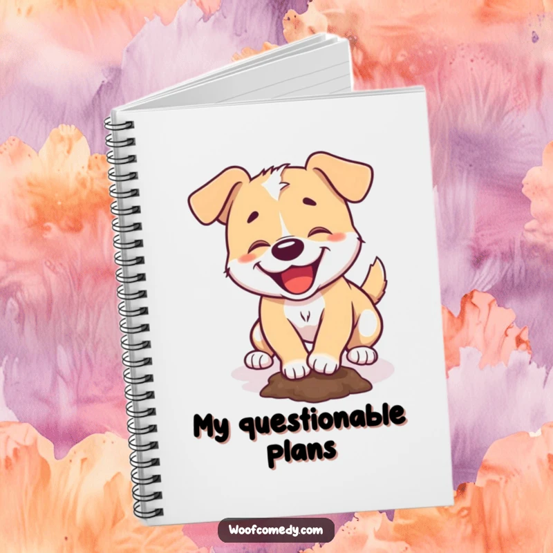 Funny notebook cover illustration of a dog gleefully digging a small hole, inspiring creative thoughts.