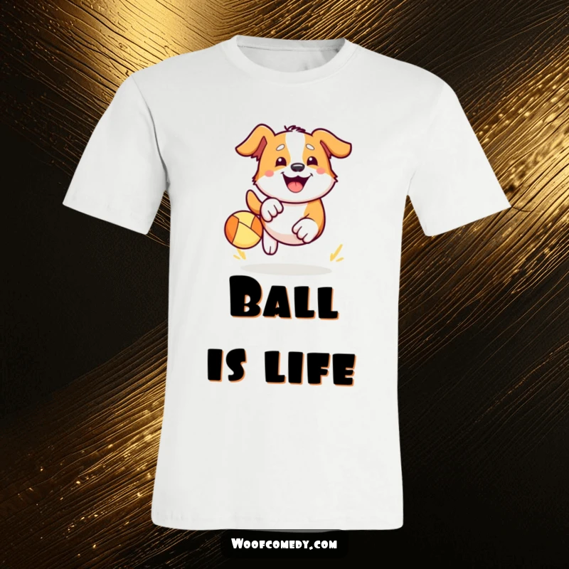 Funny Kawaii dog t-shirt depicting a cute dog enthusiastically chasing a bouncy ball, its face lit up with a massive, happy grin. Energetic and fun.