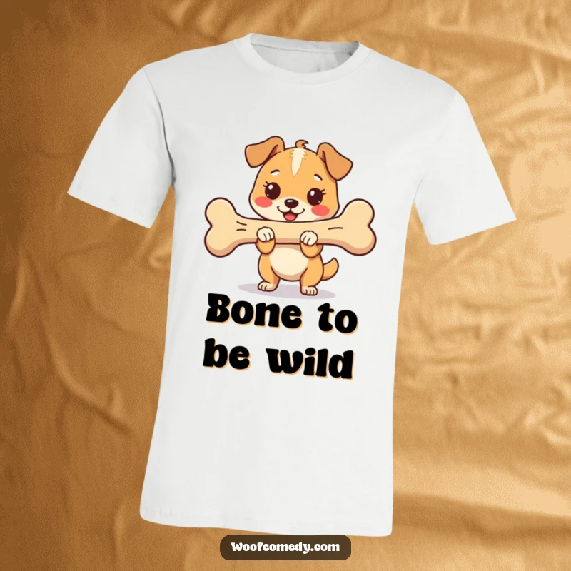 Funny Kawaii Dog T-Shirt of a proud and happy dog holding an oversized bone, showcasing canine joy and accomplishment.