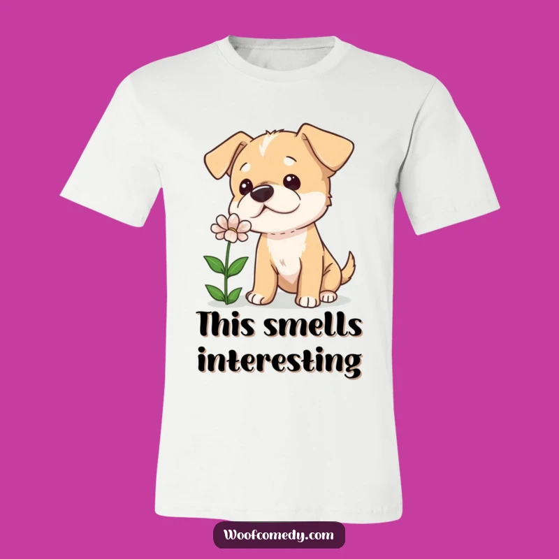 Funny Curious Dog Tilted Head T-Shirt - Cute Sniffing Flower Dog Tee