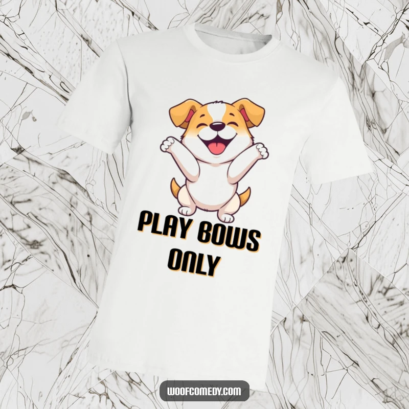 Funny t-shirt showcasing a happy dog in a full, enthusiastic bow, celebrating a performance or a moment of joy.