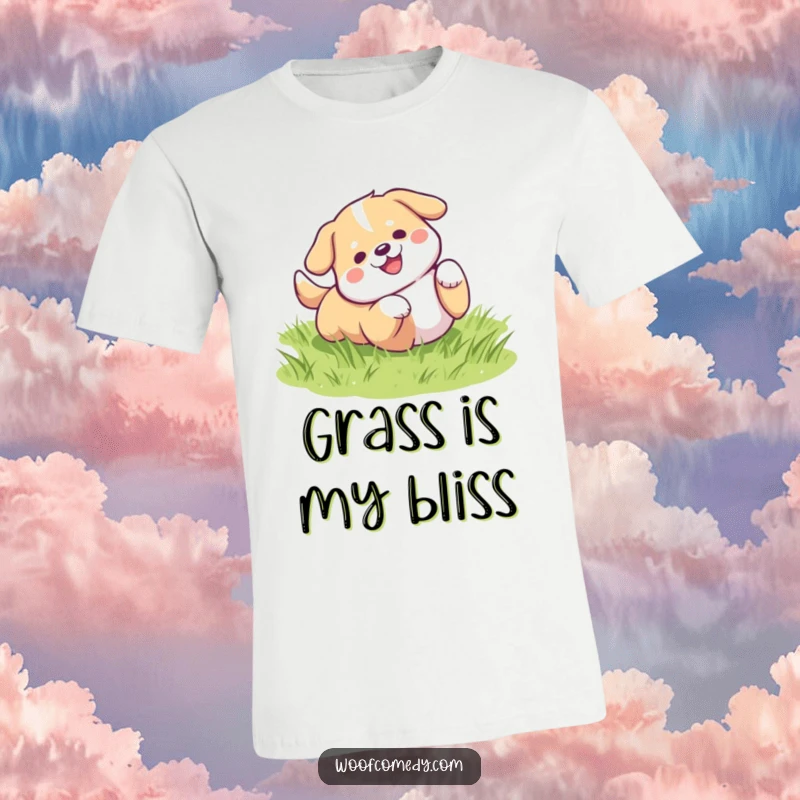 Funny kawaii dog rolling on green grass t-shirt, cute and humorous dog apparel.