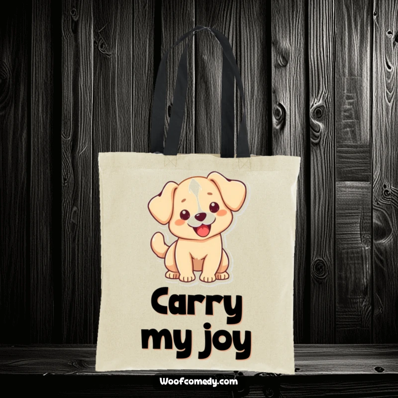 Funny Kawaii dog tote bag showcasing a cute dog with floppy ears, its tail wagging exuberantly, perfect for everyday use with a happy vibe.