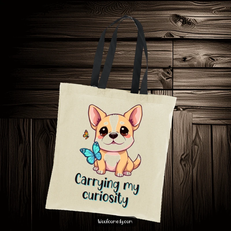 Funny Kawaii Dog Tote Bag: A cute dog with attentive ears, observing a butterfly with quiet curiosity.
