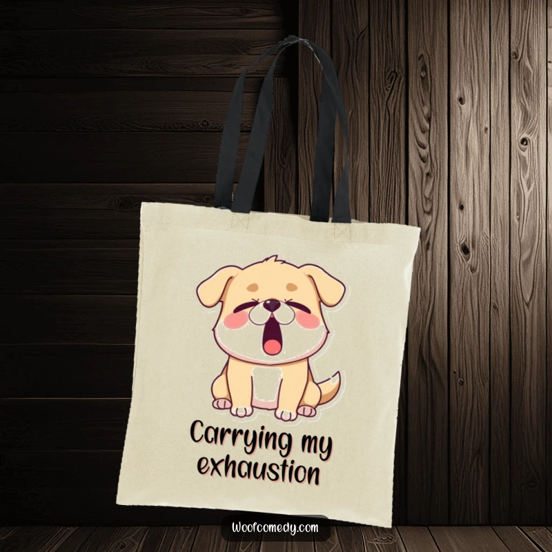 Funny sleepy dog tote bag featuring a dog yawning wide with eyes half-closed, perfect for carrying essentials with a vibe of utter exhaustion.