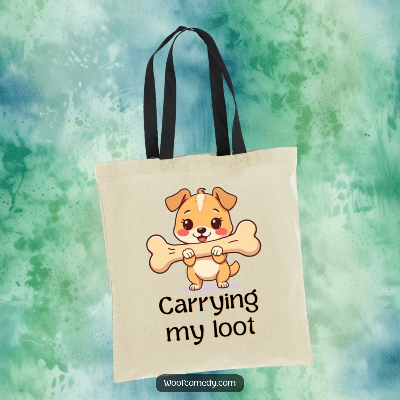 Funny Kawaii Dog Tote Bag of a proud and happy dog holding an oversized bone, perfect for dog lovers and gifting.
