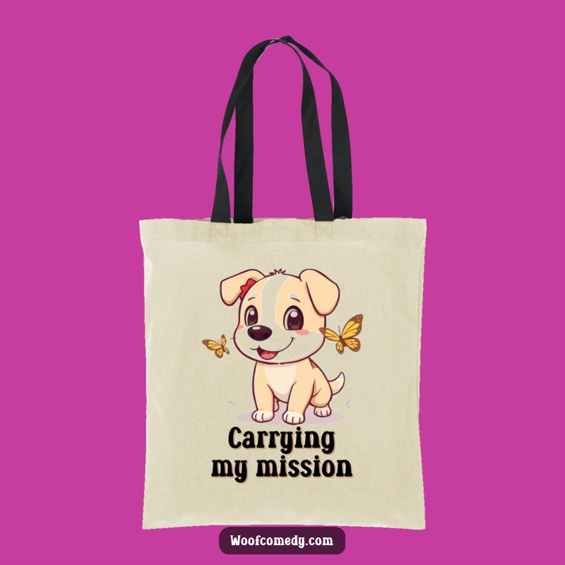 Funny Dog Butterfly Chase Tote Bag: Carry Adventure, Hilarious Art, Perfect Gift
